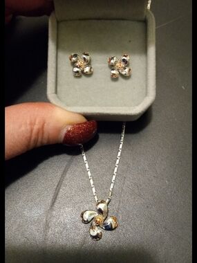Sterling Silver Flower Pendant Necklace and Stud Earrings With Garnet On The Tip